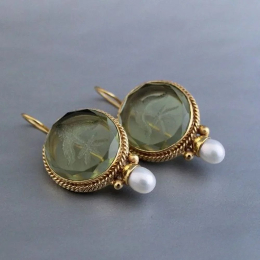 Pendientes de Perla de Piedra Verde Retro