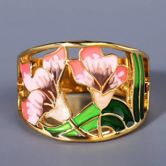 Anillo Vintage Floral de Esmalte Dorado