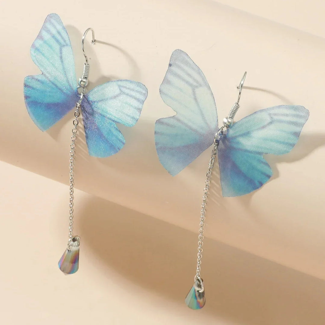 Pendientes de Borlas de Cristal Azul Mariposa