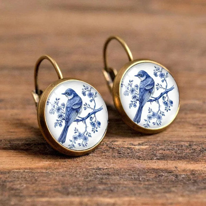 Pendientes de Domo de Cristal de Urraca Azul Vintage