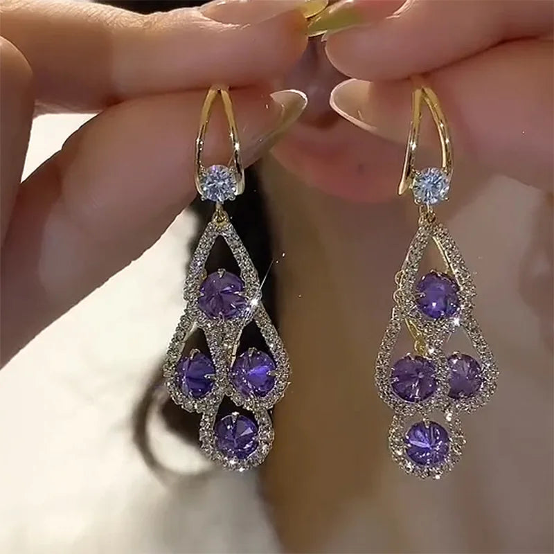 Pendientes de Gota de Cristal Púrpura 