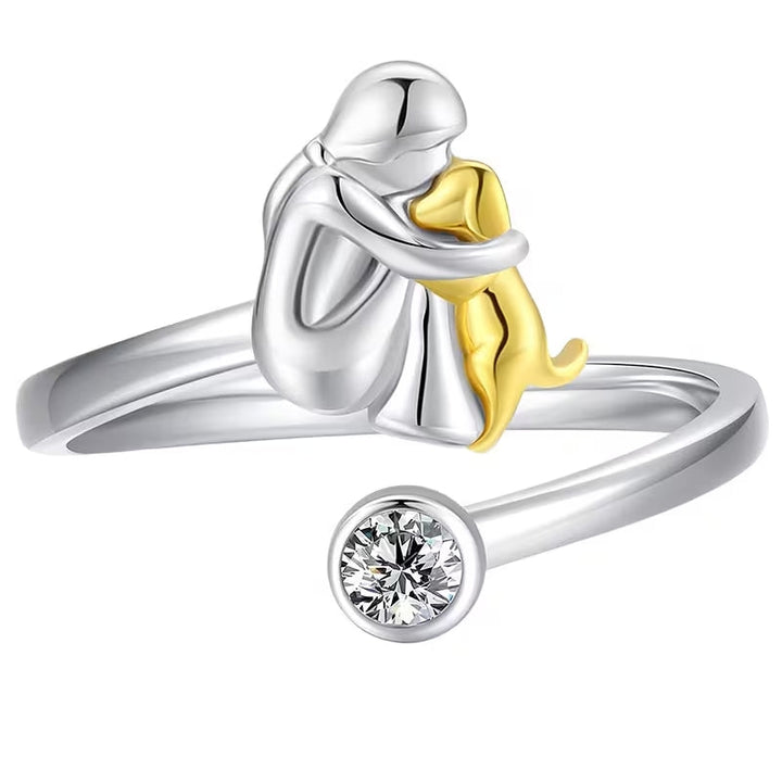 Anillo de Plata de Ley con Perro y Niña